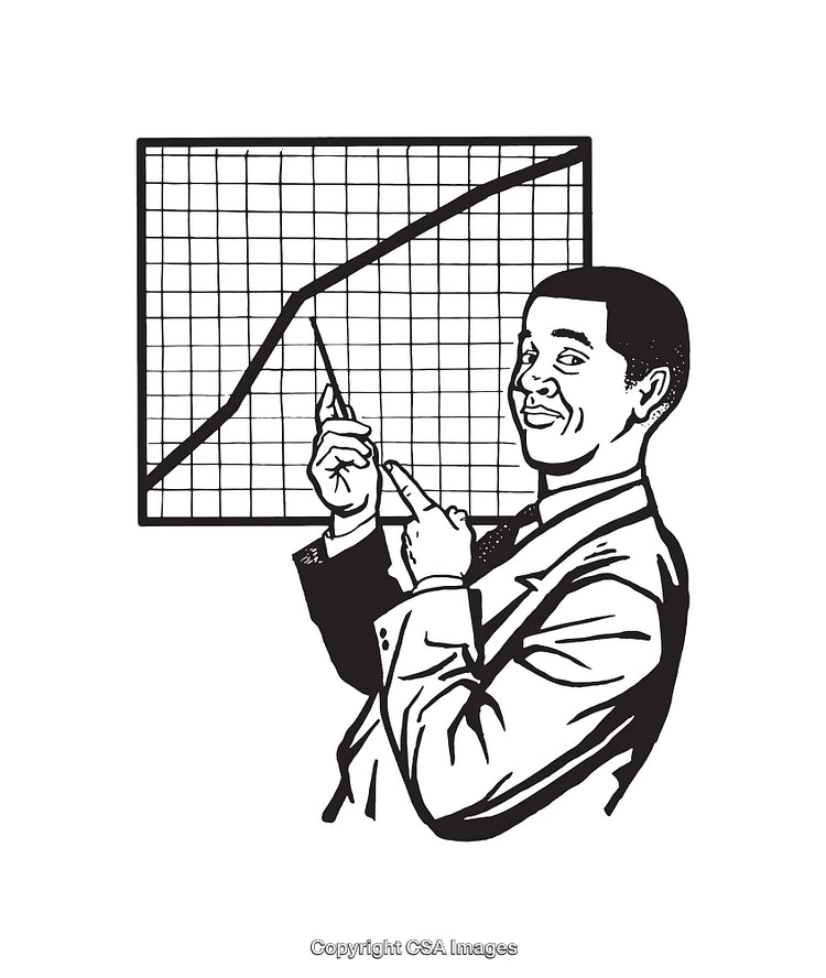 Businessman Presenting Growth Chart in Black-And-White Line Art Illustration