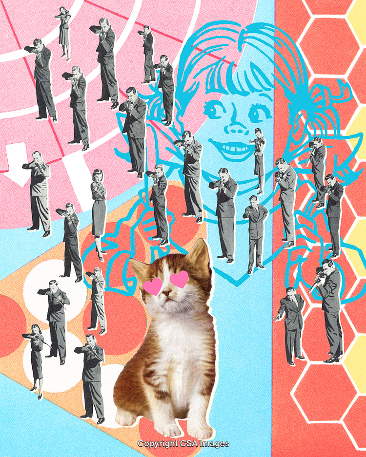 Colorful Digital Collage Featuring Retro People, Whimsical Cat, and Vibrant Patterns
