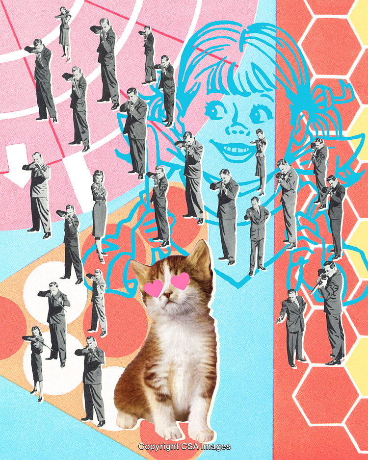 Colorful Digital Collage Featuring Retro People, Whimsical Cat, and Vibrant Patterns