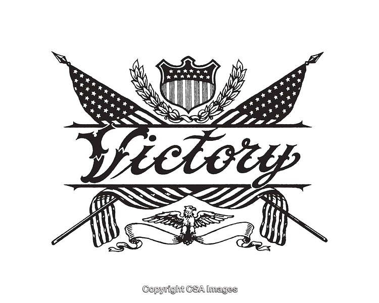 Vintage Victory Design with Flags, Eagle, and Decorative Shield