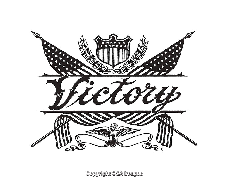 Vintage Victory Design with Flags, Eagle, and Decorative Shield