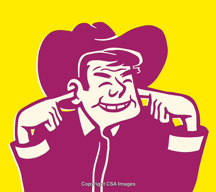 Colorful Cartoon Illustration of Laughing Cowboy Covering His Ears
