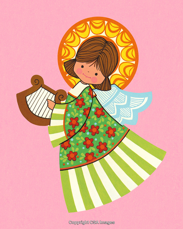 Colorful Illustration of an Angel Playing Harp on Pink Background