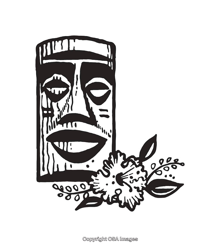 Tribal Illustration of a Tiki Mask with Floral Accents in Monochrome Line Art