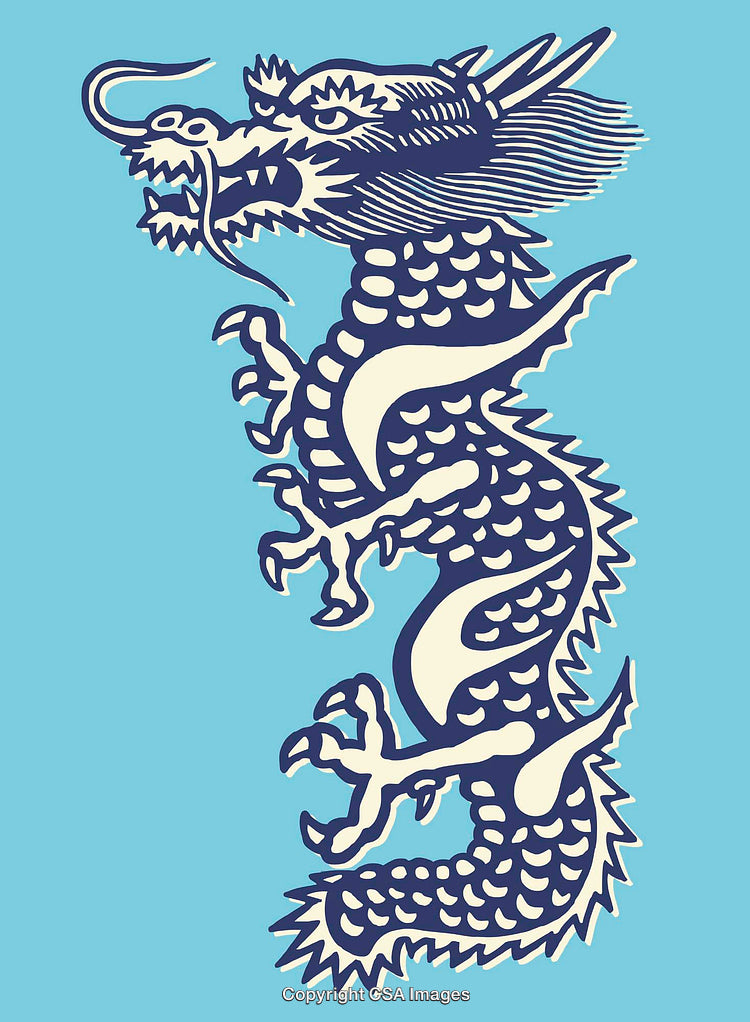 Blue Line Art Illustration of a Traditional Chinese Dragon