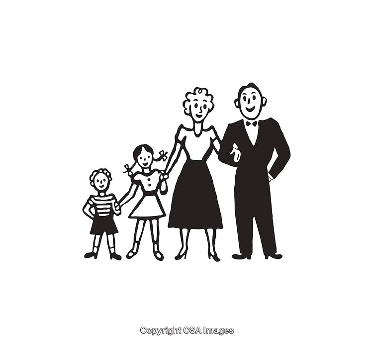 Black and White Illustration of a Happy Family of Four Standing Together