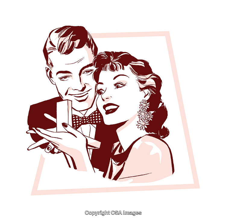 Vintage Illustration of a Couple with a Gift in Retro Style