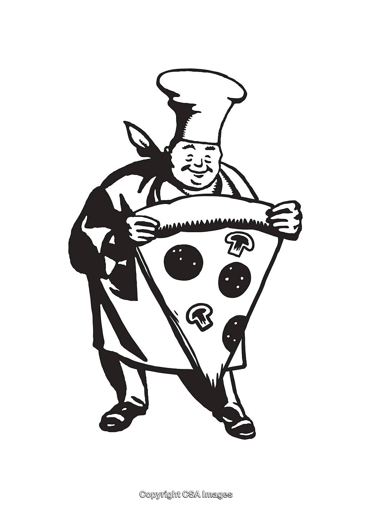 Cheerful Chef Holding a Large Slice of Pizza with Toppings