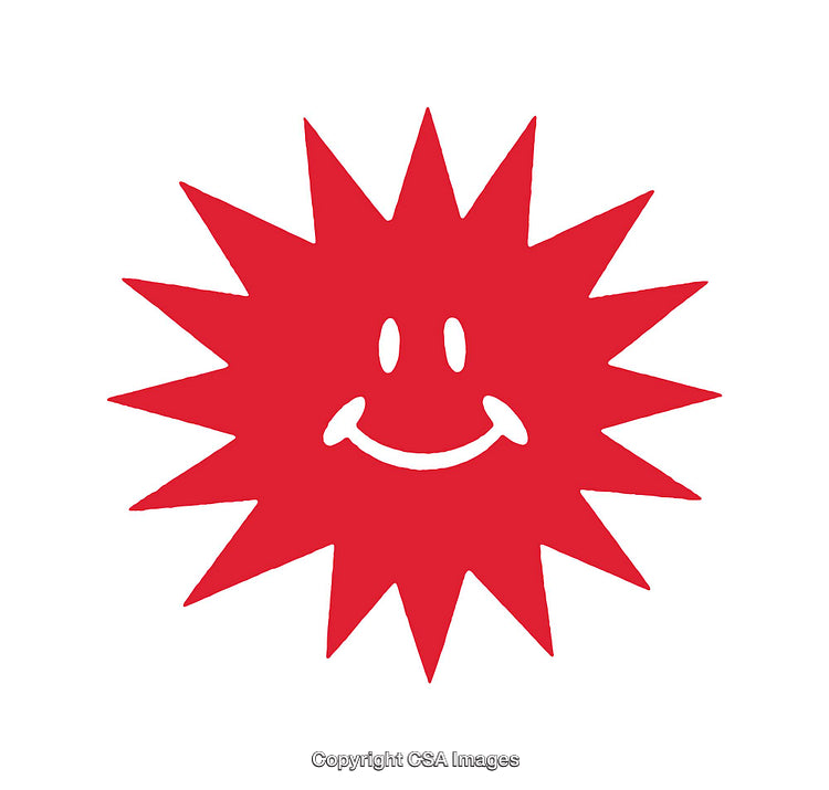 Playful Red Sunburst With a Smiling Face on White Background