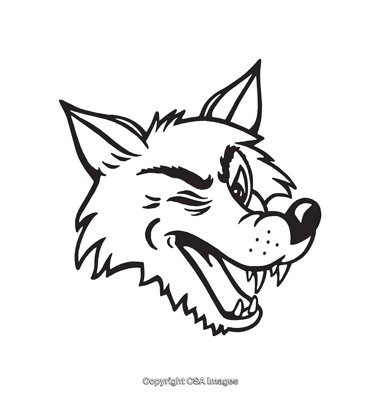 Black and White Line Art of a Fictional Cartoon Wolf with Expressive Eyes