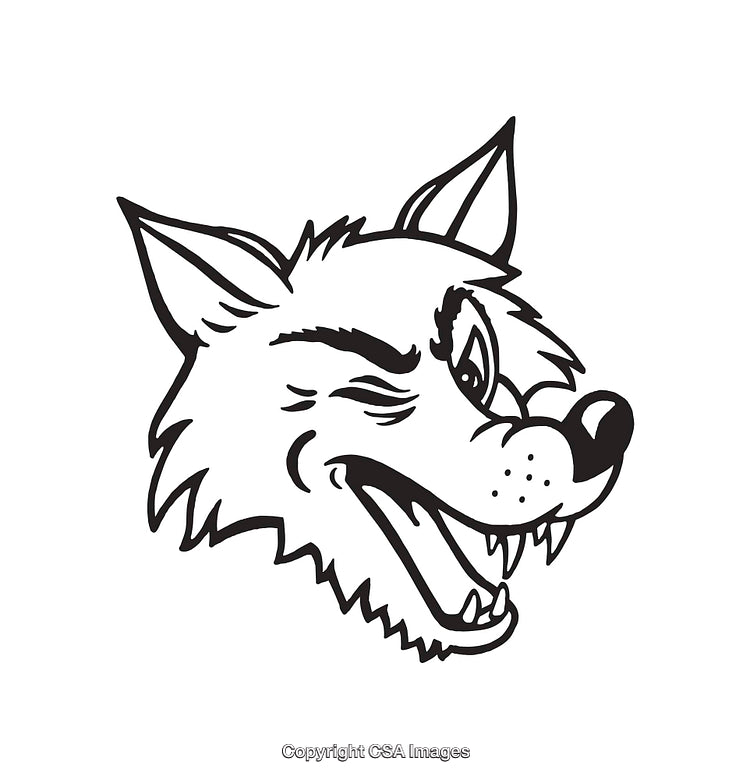 Black and White Line Art of a Fictional Cartoon Wolf with Expressive Eyes