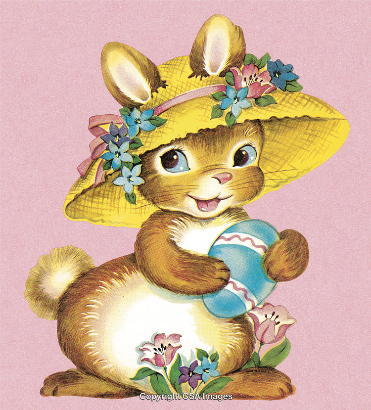Cute Easter Bunny with Straw Hat Holding Decorated Egg