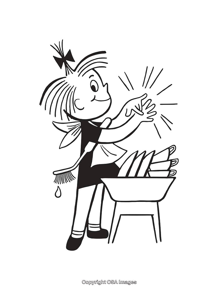 Vintage Illustration of a Girl Washing Dishes in Black and White
