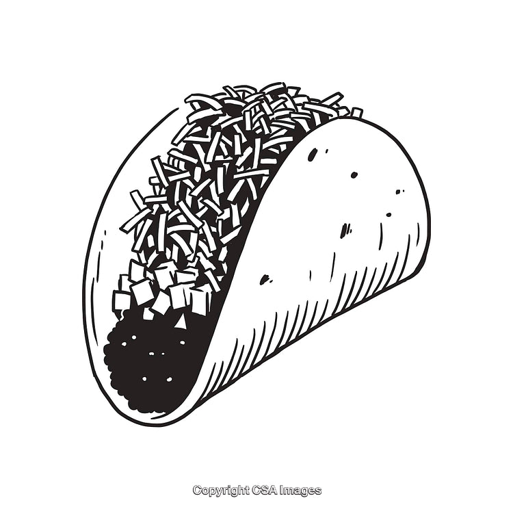 Black and White Line Art Illustration of a Taco with Detailed Toppings