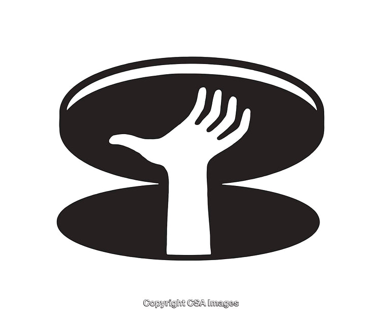 Black and White Line Art of Hand Emerging from Capsule