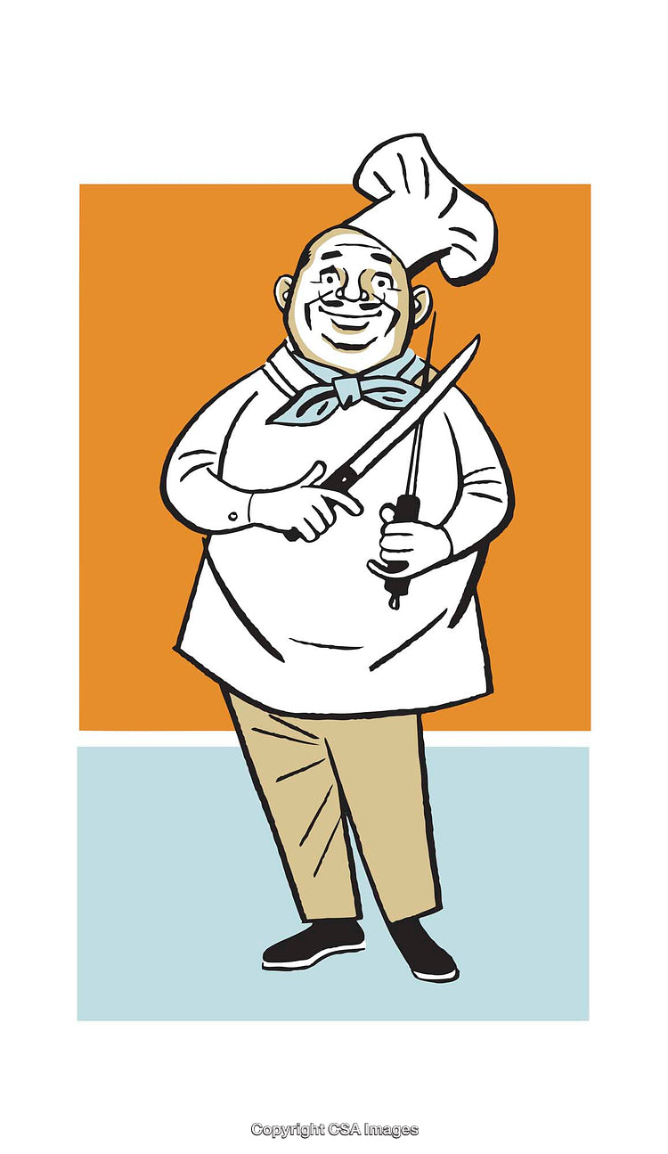 Cheerful Chef Illustration Sharpening Knife in Cartoon Style