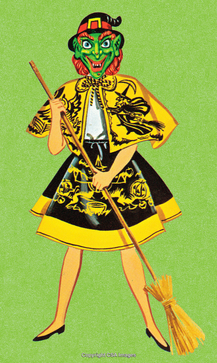 Halloween Witch Illustration with Costume Featuring Yellow Details and Green Mask