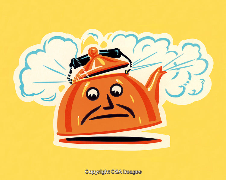 Retro Illustration of Teapot with Face and Steam on Yellow Background