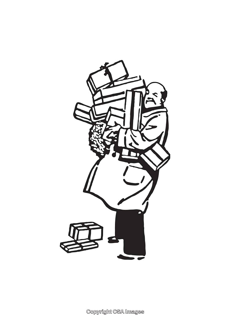Illustration of Man Balancing Multiple Gifts and Presents