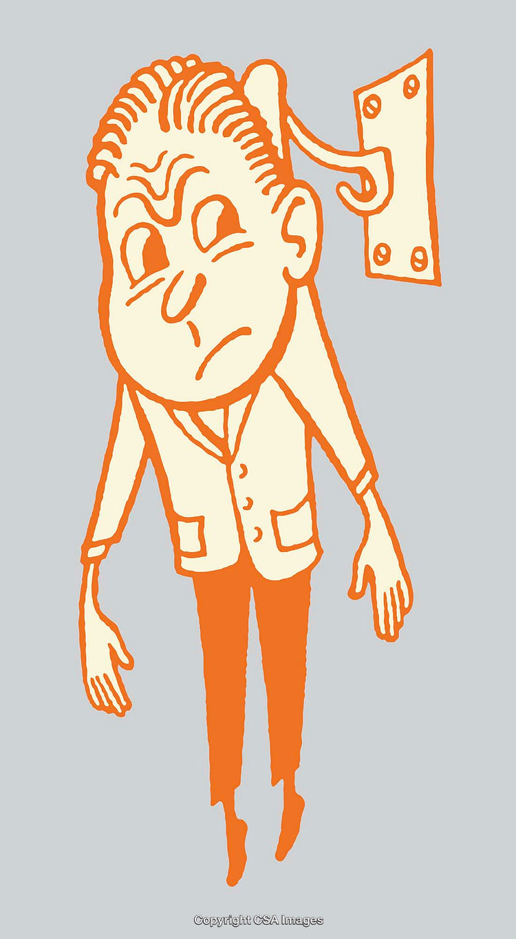 Humorous Line Art Illustration of a Man Hanging on a Wall Hook