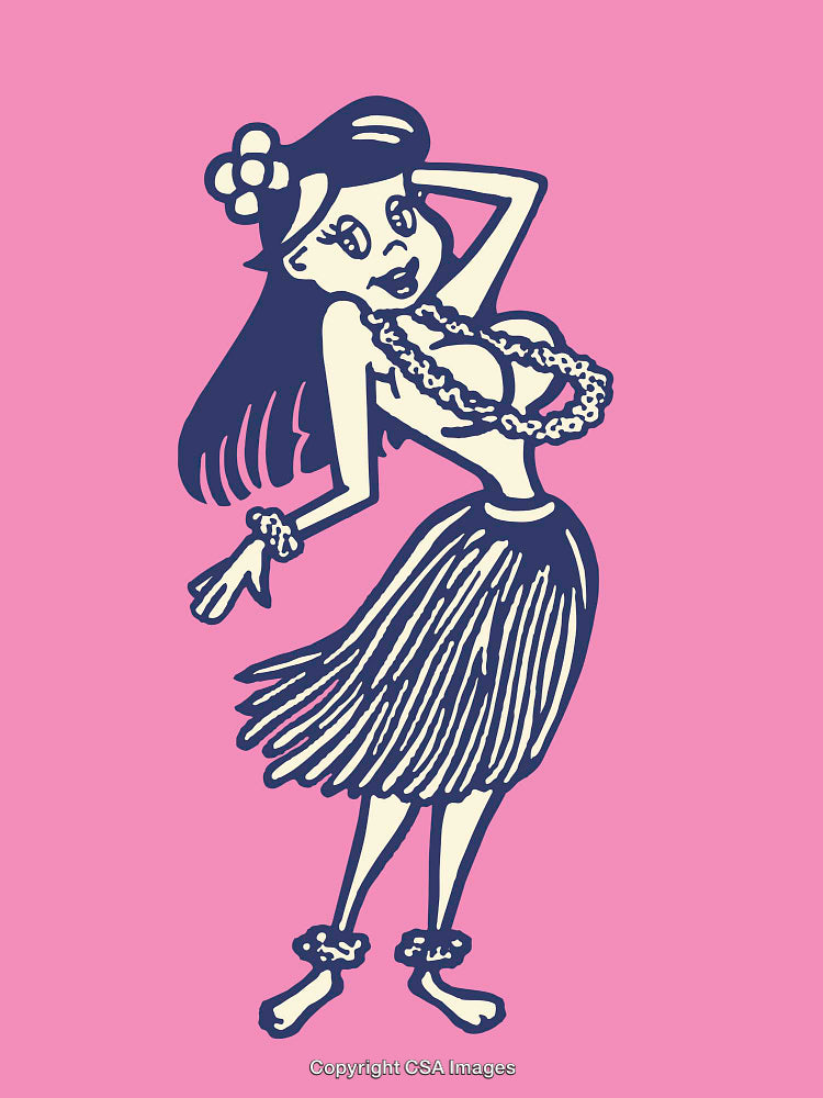 Colorful Retro Hawaiian Dancer Illustration on Pink Background