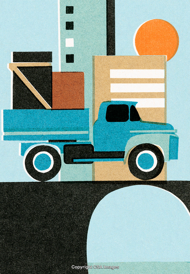 Colorful Illustration of a Delivery Truck in an Urban Setting at Sunrise