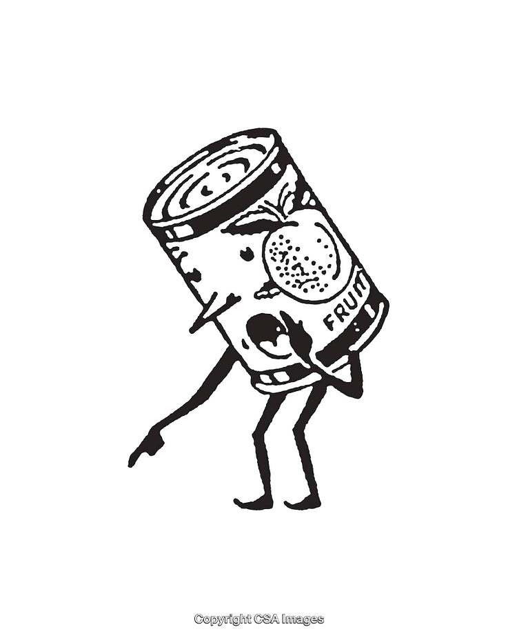 Whimsical Illustration of a Walking Can of Fruit in Black and White