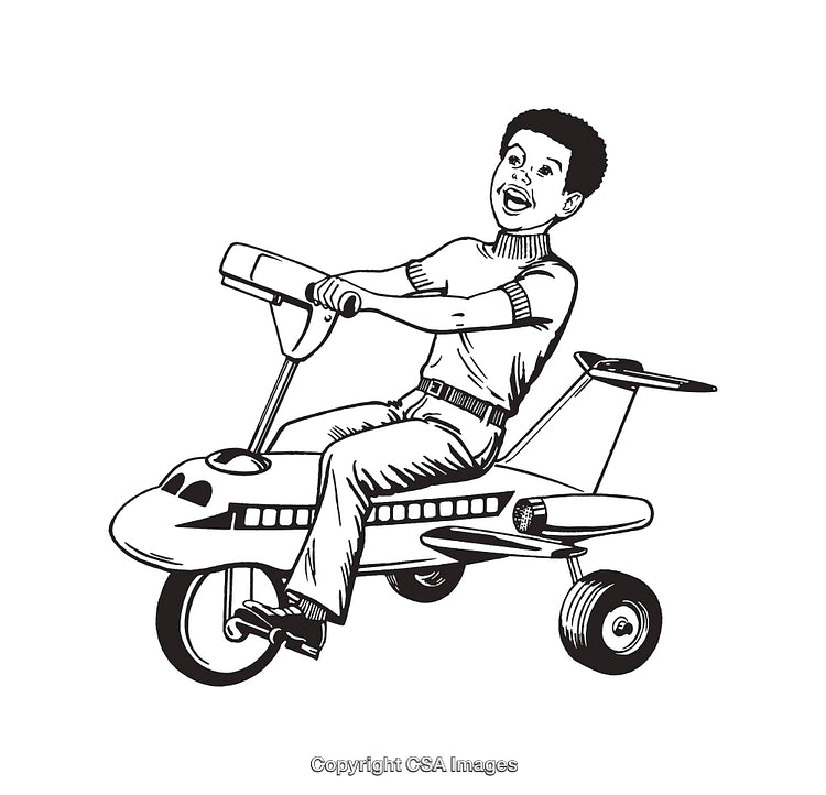Child Joyfully Riding a Pedal Airplane in Line Art Style