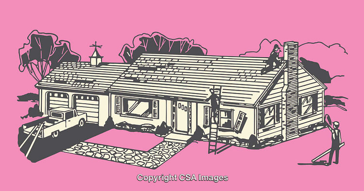 Vintage Line Art Illustration of a Suburban Home Maintenance Scene