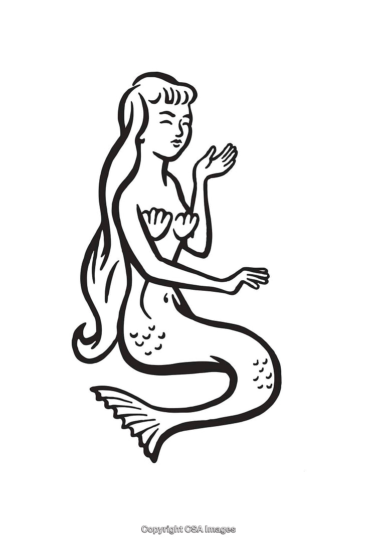 Stylized Black and White Line Art Illustration of a Mermaid