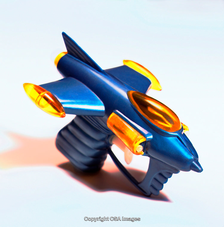 Vibrant Blue Toy Ray Gun with Orange Highlights on Bright Background