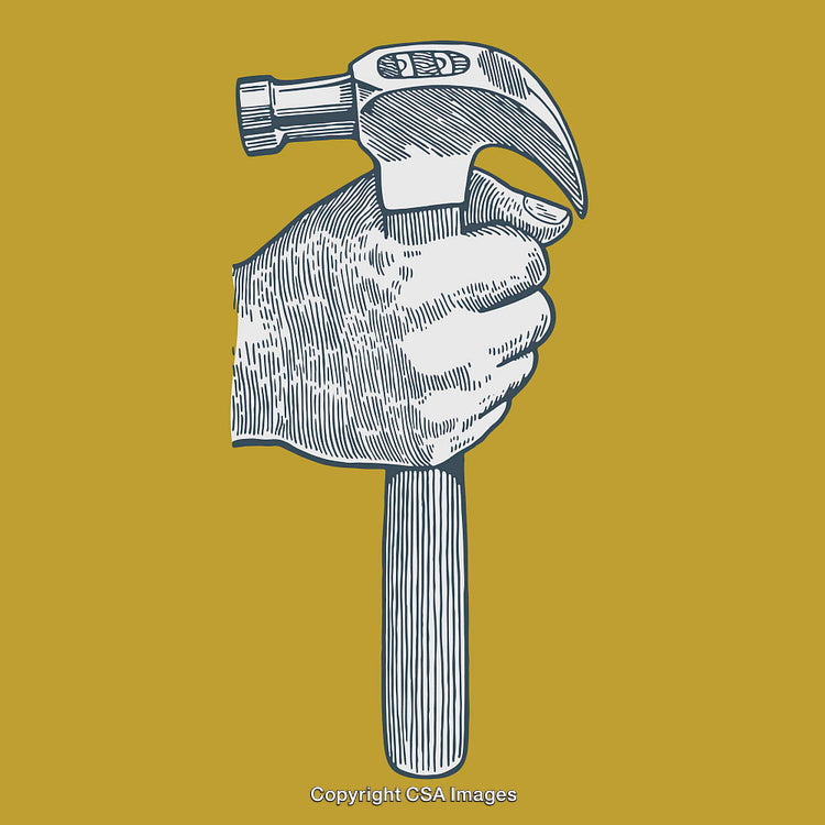Hand Holding Hammer in Vintage Line Art Style Illustration