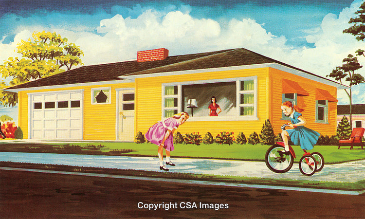 Vintage Suburban Scene of Children Playing Outside a Yellow House
