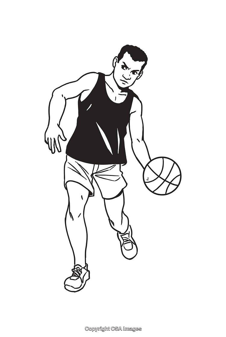 Black and White Line Art of a Basketball Player in Action