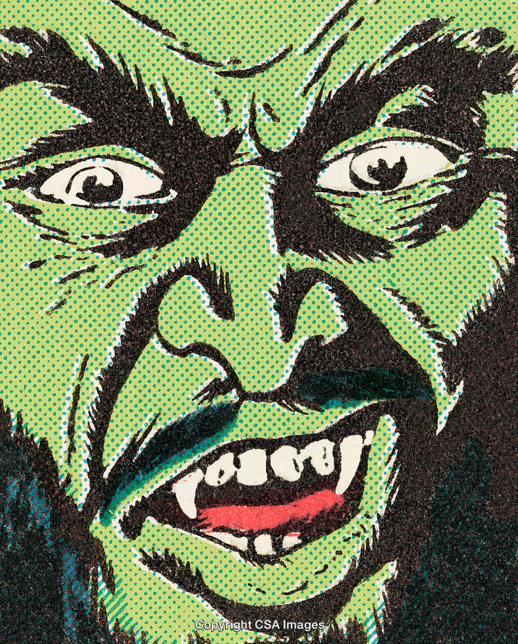 Close-Up of Green Monster Face Comic Style Illustration With Intense Expression