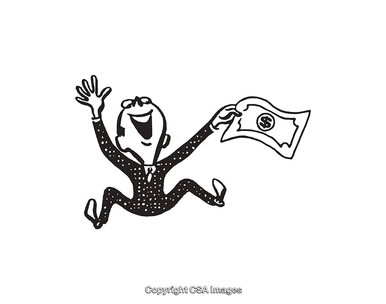 Happy Businessman Rejoicing While Holding Cash in B&W Line Art