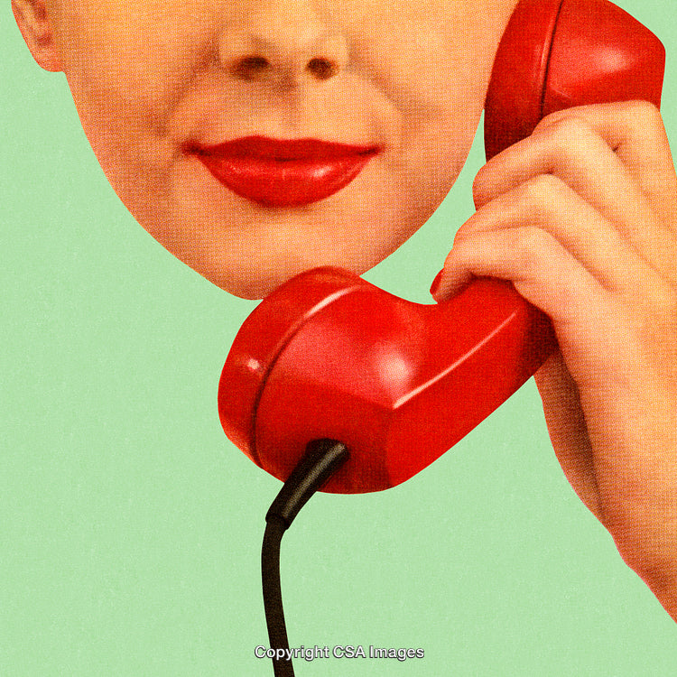 Retro Styled Woman Holding a Red Telephone Handset on a Green Background