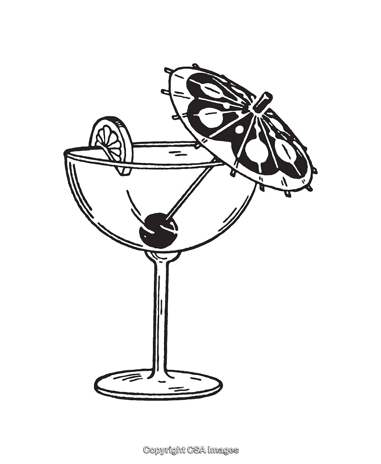 Black And White Line Art of Cocktail Glass with Garnish and Umbrella