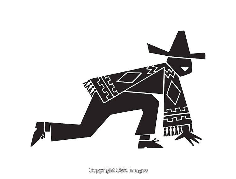 Black and White Illustration of a Person in Traditional Attire with Hat