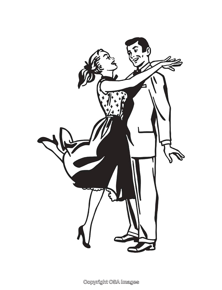 Retro Couple in Black and White Line Art Embracing Elegantly