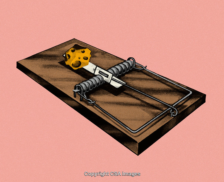 Classic Wooden Mousetrap on Pink Background with Cheese Bait