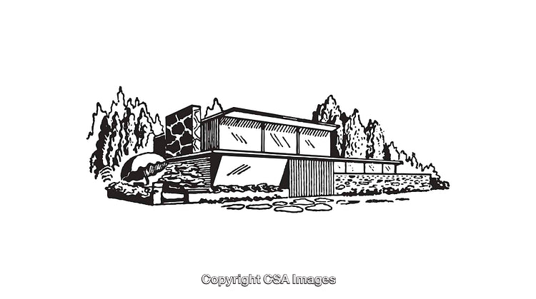 Black And White Line Art Illustration Of A Modern House With Trees