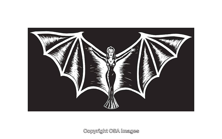 Gothic Batwing Woman Illustration in Black and White Line Art Style