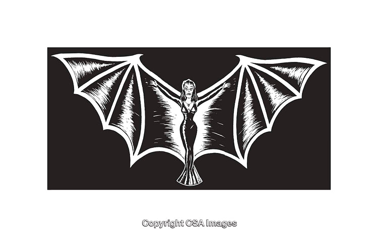Gothic Batwing Woman Illustration in Black and White Line Art Style