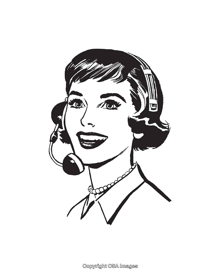 Retro Style Line Art of Woman with Headset in Black and White