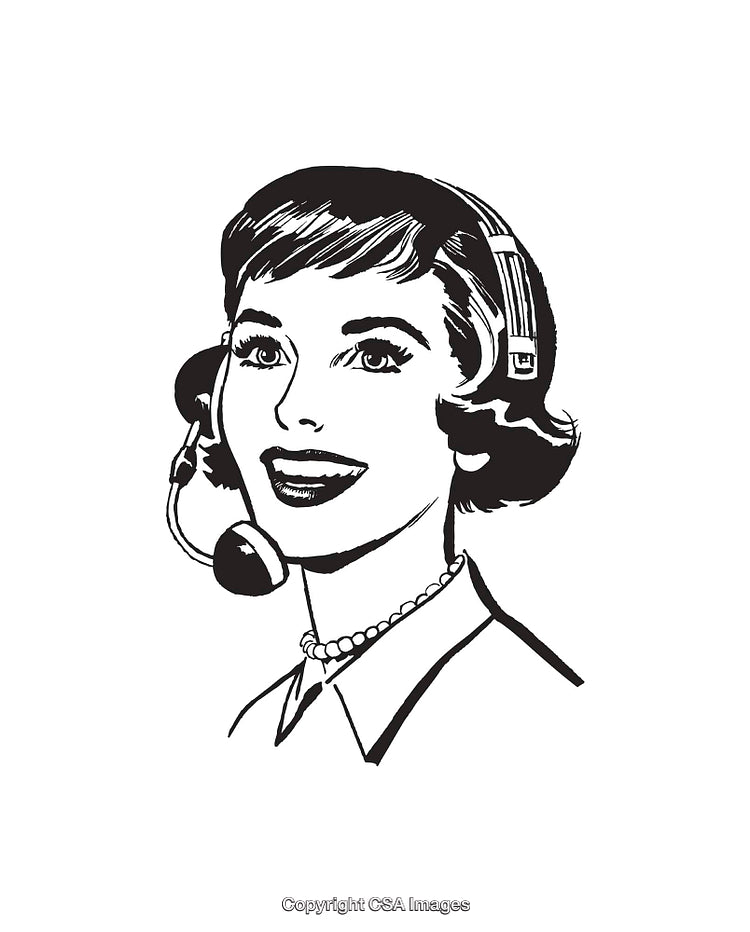 Retro Style Line Art of Woman with Headset in Black and White