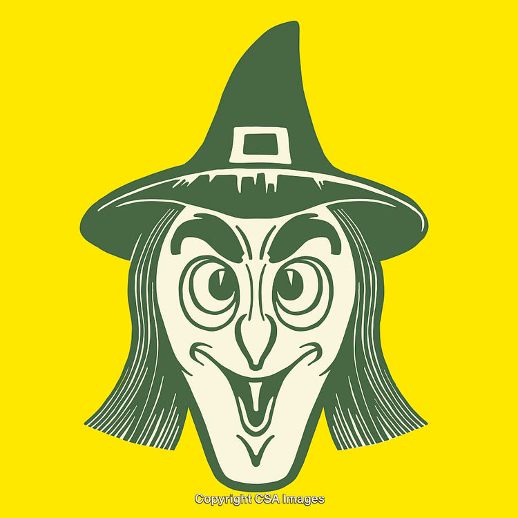 Retro Styled Green Witch Illustration on Yellow Background