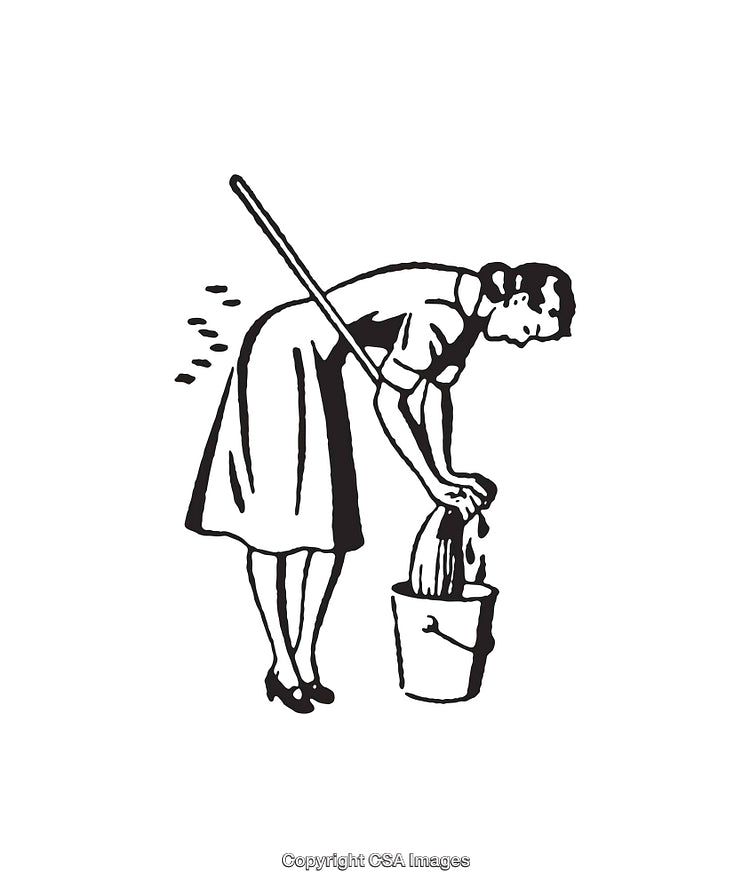 Vintage Line Art of Woman Cleaning with Mop and Bucket