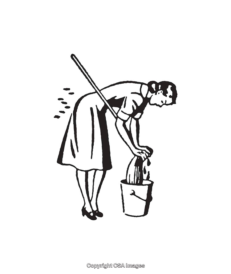 Vintage Line Art of Woman Cleaning with Mop and Bucket