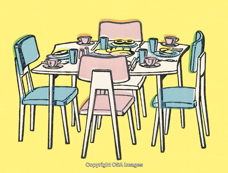Illustrated Table Set With Dishes, Chairs, and Bright Background